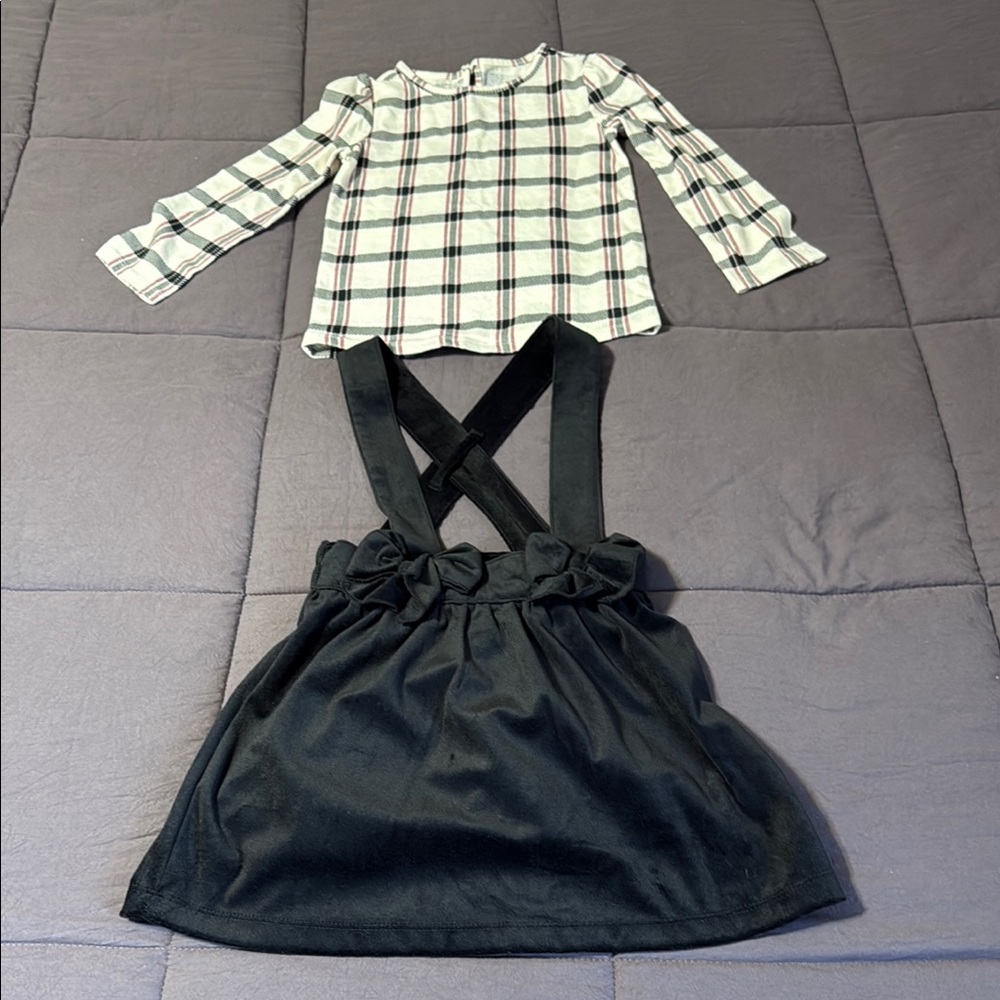 Plaid Long Sleeve Top and Black Skirt Set